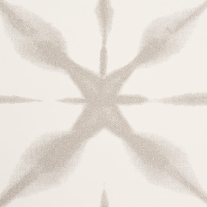 Off-white background with a pale gray, symmetrical X/starburst motif.