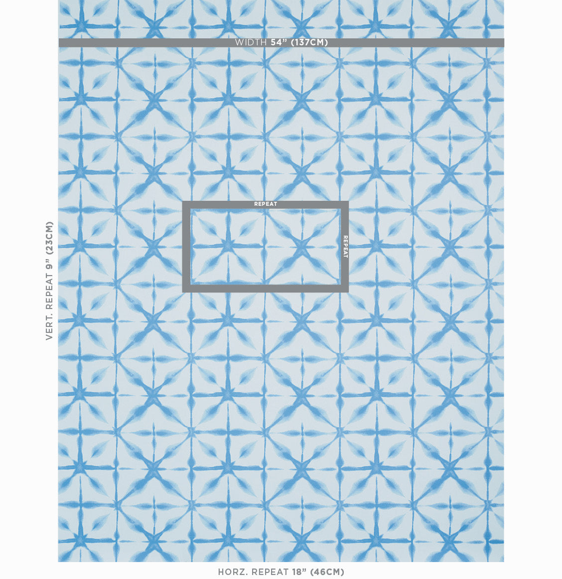 Light blue geometric starburst wallpaper with a repeating star motif on white background.