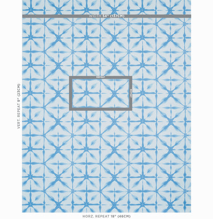Light blue geometric starburst wallpaper with a repeating star motif on white background.