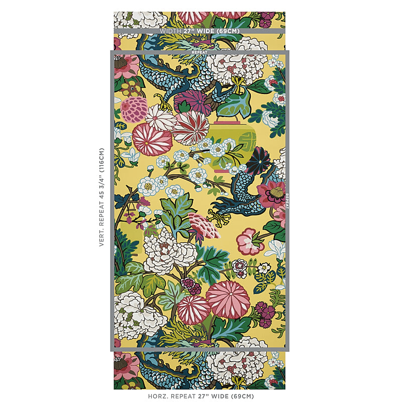 Yellow fabric with a dragon motif; suitable for upholstery, drapes, or crafts.