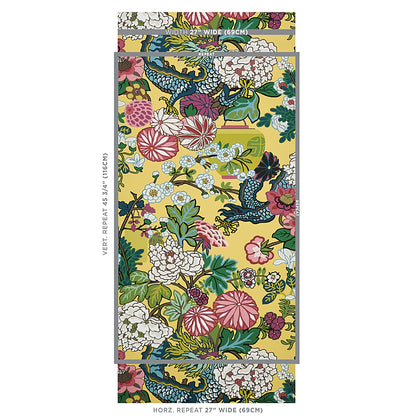 Yellow fabric with a dragon motif; suitable for upholstery, drapes, or crafts.