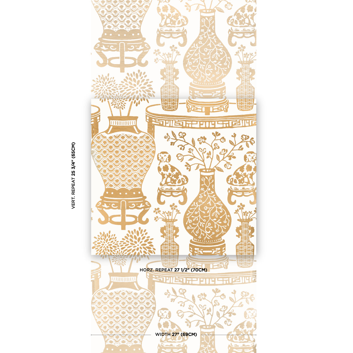 Beige-gold vase pattern wallpaper with ornate urns and floral motifs for elegant interior walls.
