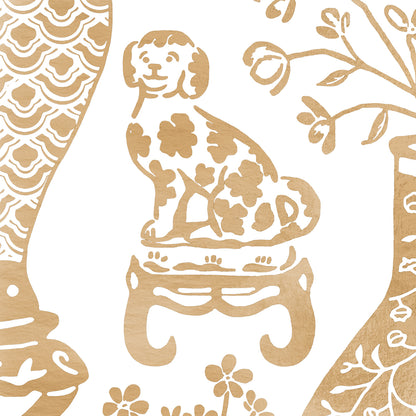 Beige wallpaper featuring a subtle floral and ornamental motif with metallic gold accents on a light background.