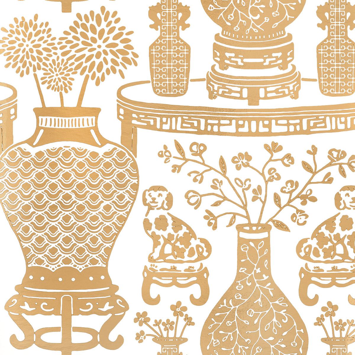 Gold Chinese-style vases with floral branches, Foo dogs & ornate pedestal table on white.