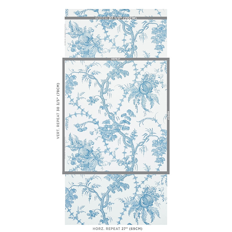 Blue botanical wallpaper with intertwined vines and blossoms in toile/chinoiserie style; sample roll, width 27.5 inches.