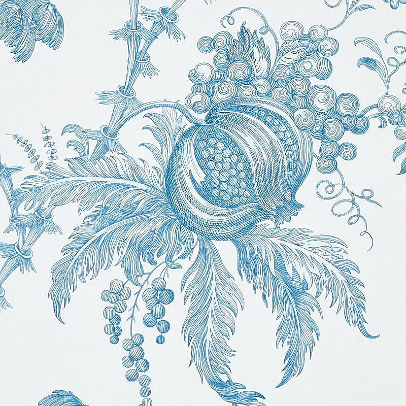 Blue toile wallpaper with peacocks, curling vines, leaves & berry clusters in chinoiserie style.
