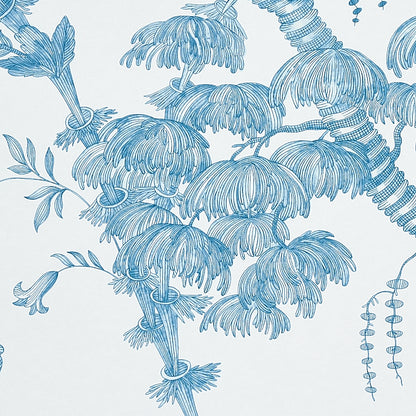 Blue line-drawn tropical palm wallpaper pattern on white, hand-drawn style for accent walls.