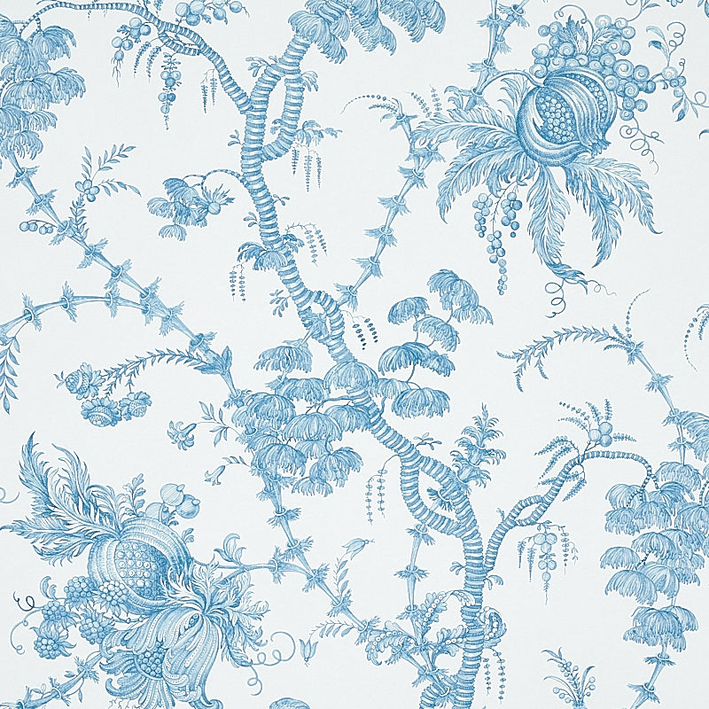 Blue toile botanical pattern with vines, flowers and fruit on white background; elegant wallpaper decor.
