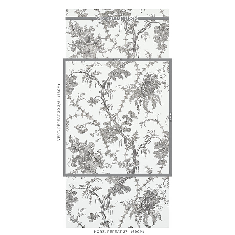 Gray botanical wallpaper with vines and fruit motifs on a pale background; toile-style print with visible repeats.