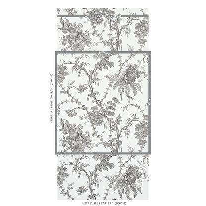 Gray botanical wallpaper with vines and fruit motifs on a pale background; toile-style print with visible repeats.