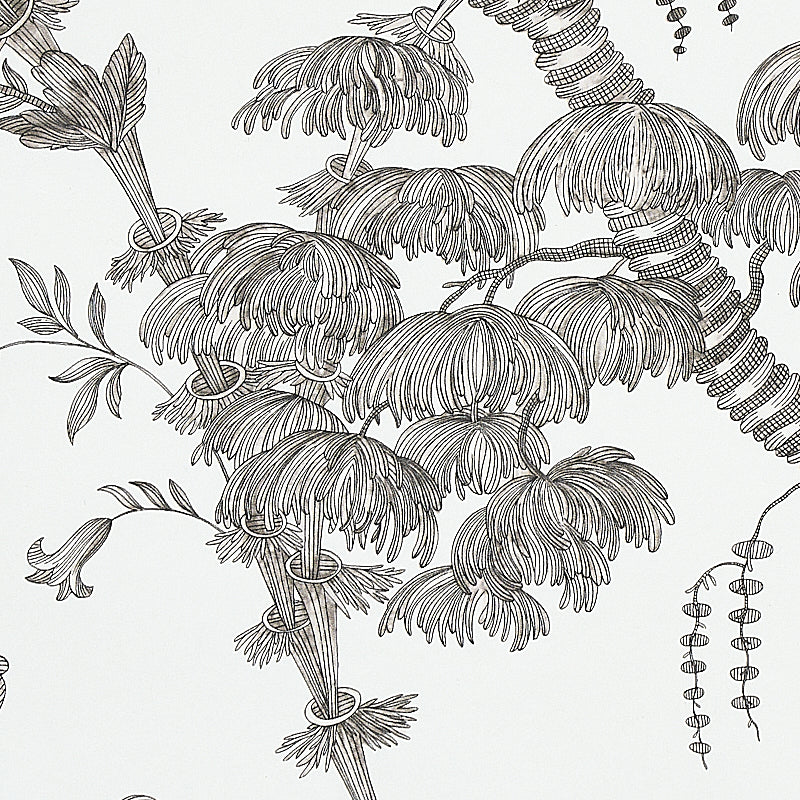 Monochrome palm tree pattern with fine line work in black ink; a botanical illustration for wallpaper or textile.