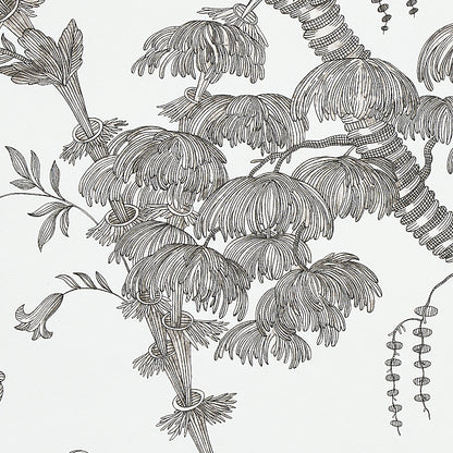 Monochrome palm tree pattern with fine line work in black ink; a botanical illustration for wallpaper or textile.