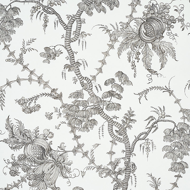 Monochrome botanical wallpaper pattern with intertwined vines, thorns, leaves & pomegranate-like fruit.