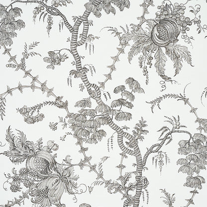 Monochrome botanical wallpaper pattern with intertwined vines, thorns, leaves & pomegranate-like fruit.