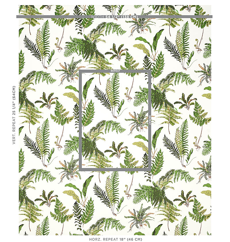 Botanical fern wallpaper in greens on ivory, repeating pattern for natural, nature-inspired decor.