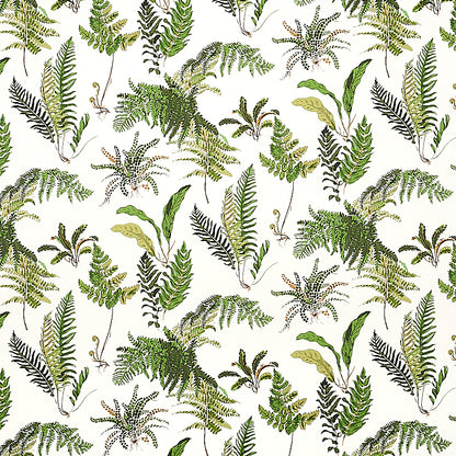 Green fern botanical pattern with varied fronds on a light background; decorative fabric print.