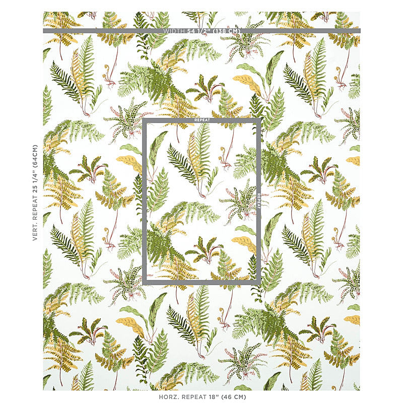 Botanical fern wallpaper in greens, yellows and browns with a repeating leafy pattern.