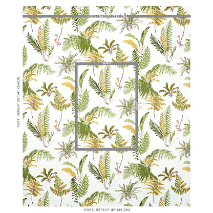 Botanical fern wallpaper in greens, yellows and browns with a repeating leafy pattern.