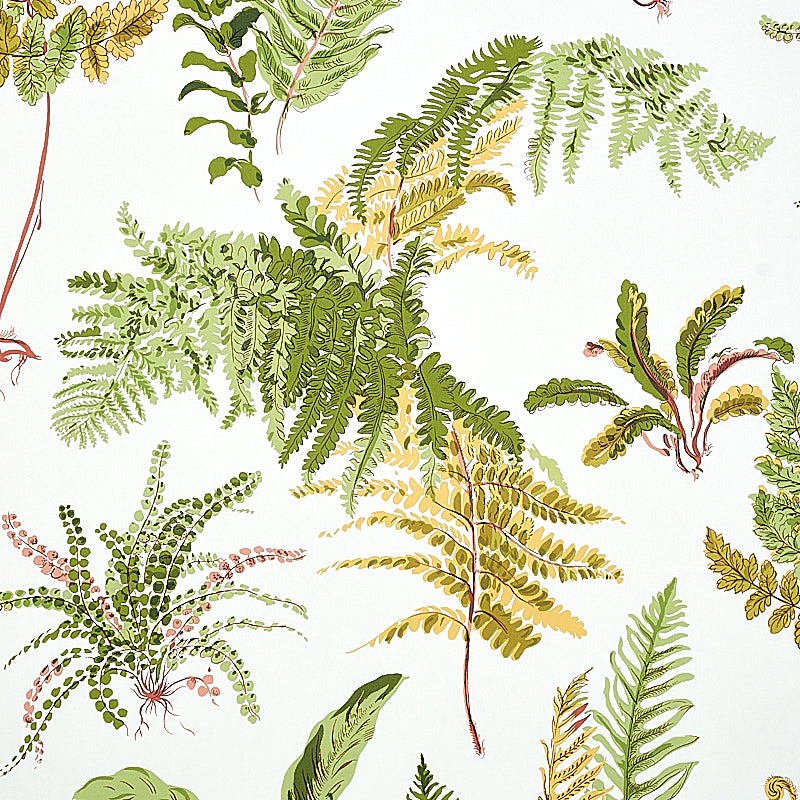 Botanical fern pattern with green, yellow, and pink fronds; decorative wallpaper or fabric design.