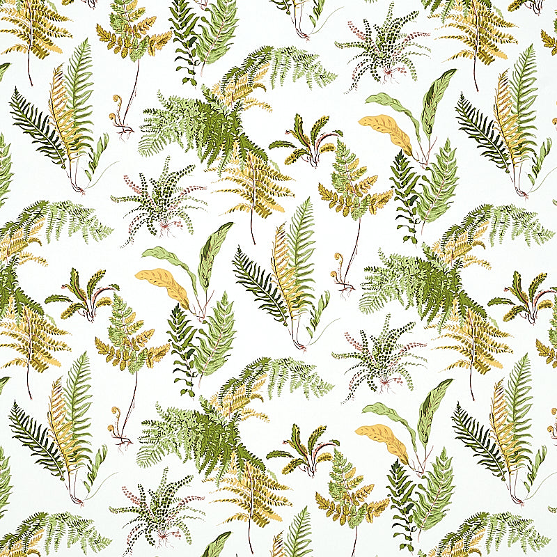 Botanical fern print in greens and golds on white, seamless leafy pattern for textiles or wallpaper.