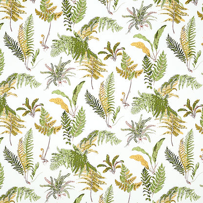 Botanical fern print in greens and golds on white, seamless leafy pattern for textiles or wallpaper.