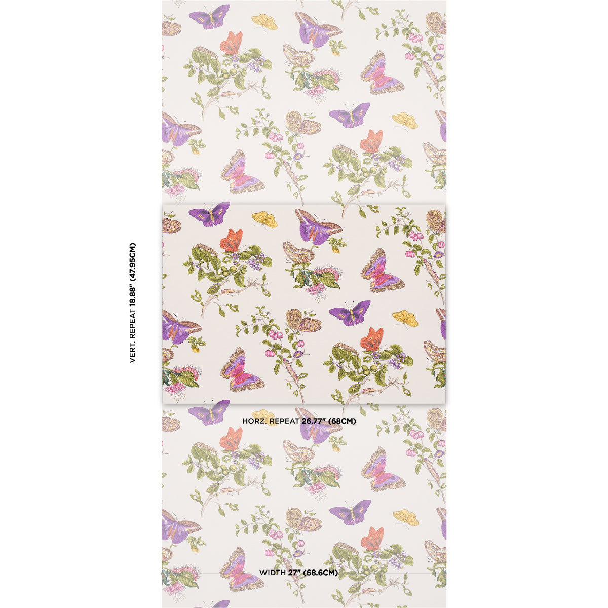 Pastel butterfly and floral wallpaper in lavender, pink and green on ivory; vintage botanical style with large repeat.