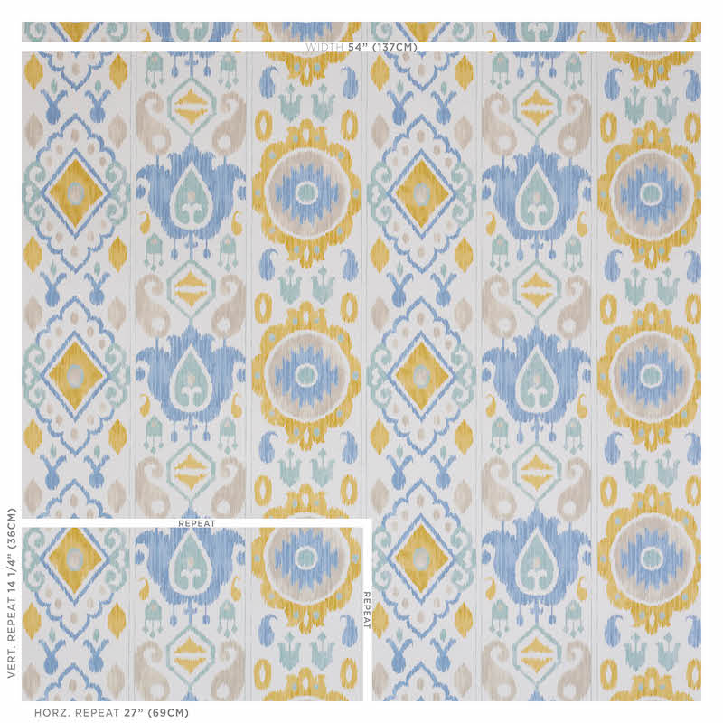 Damask-print fabric in blue, yellow and teal on ivory; 54-inch wide upholstery/drapery textile with a repeating pattern.