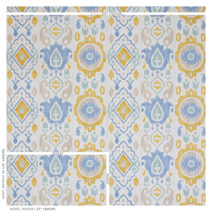 Damask-print fabric in blue, yellow and teal on ivory; 54-inch wide upholstery/drapery textile with a repeating pattern.