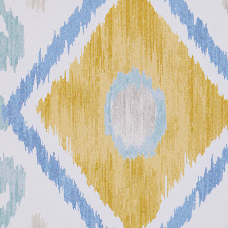 Geometric ikat rug with a yellow central diamond, pale blue ring, and blue zigzag borders on white.