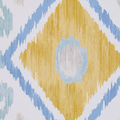 Geometric ikat rug with a yellow central diamond, pale blue ring, and blue zigzag borders on white.