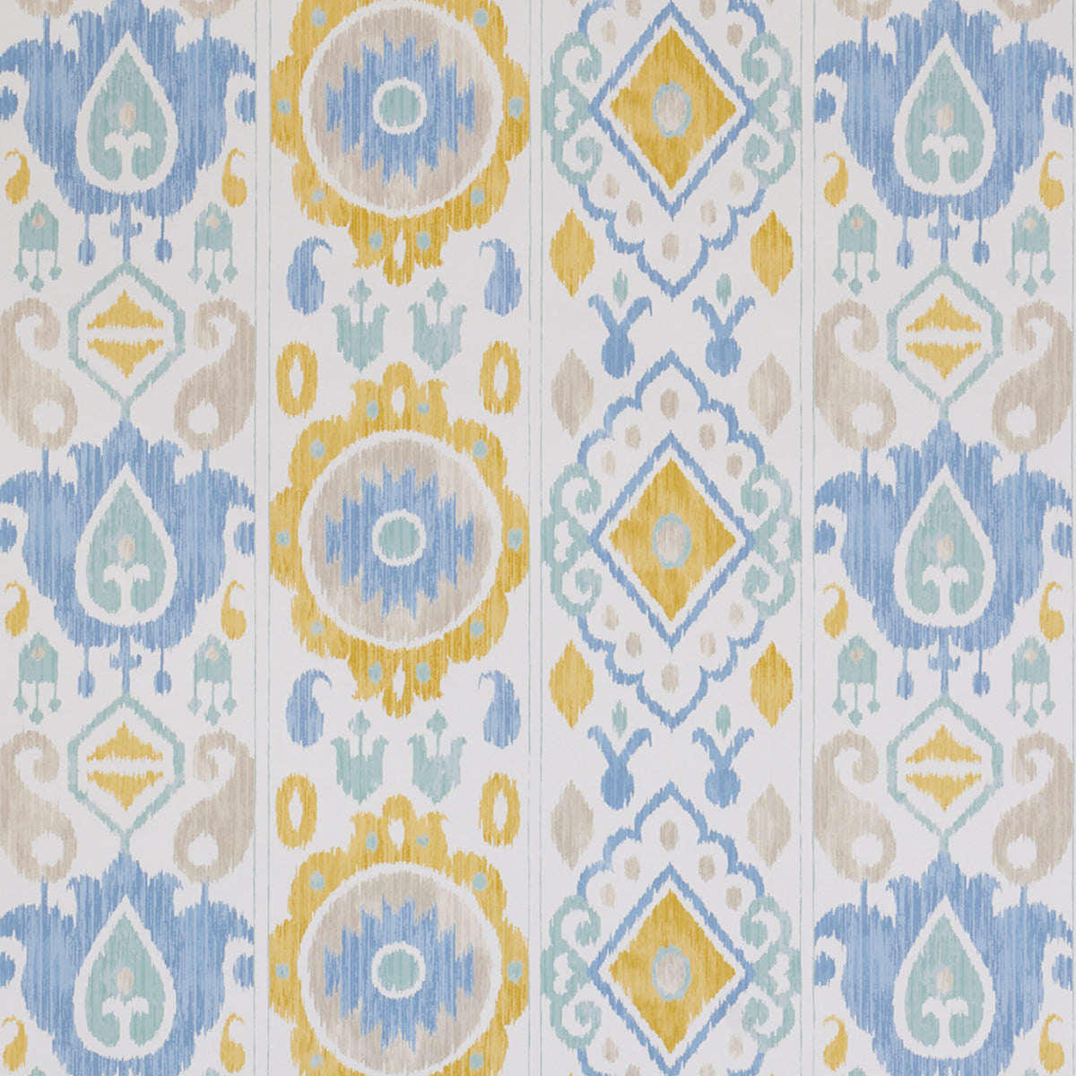 Patterned textile with vertical stripes in blue, teal & yellow damask motifs; curtain or upholstery fabric.