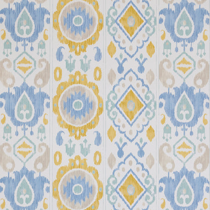Patterned textile with vertical stripes in blue, teal & yellow damask motifs; curtain or upholstery fabric.