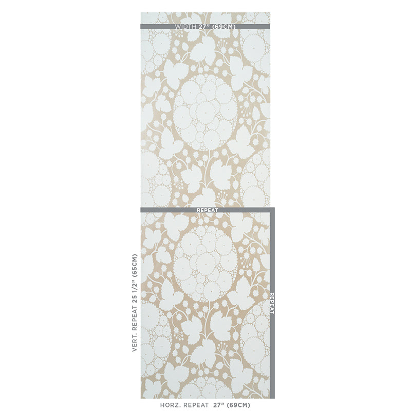 Beige floral lace wallpaper on white with repeating pattern; roll width 27" (69 cm), ideal for walls.