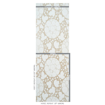 Beige floral lace wallpaper on white with repeating pattern; roll width 27" (69 cm), ideal for walls.