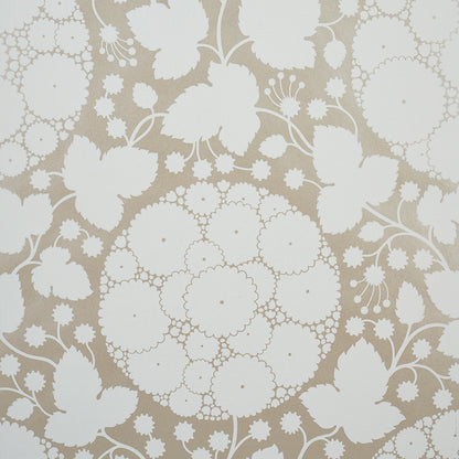White floral lace pattern wallpaper with circular blossoms and vines on a beige background.