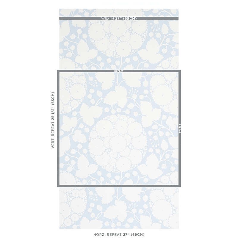 Light blue lace floral wallpaper pattern with circular motifs; shown as roll and tile swatch samples.