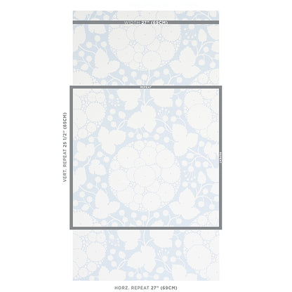 Light blue lace floral wallpaper pattern with circular motifs; shown as roll and tile swatch samples.