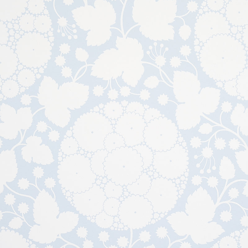 Soft blue background with white intricate floral damask pattern and circular lattice motifs.