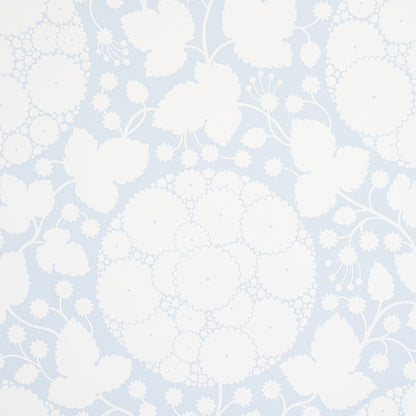 Soft blue background with white intricate floral damask pattern and circular lattice motifs.