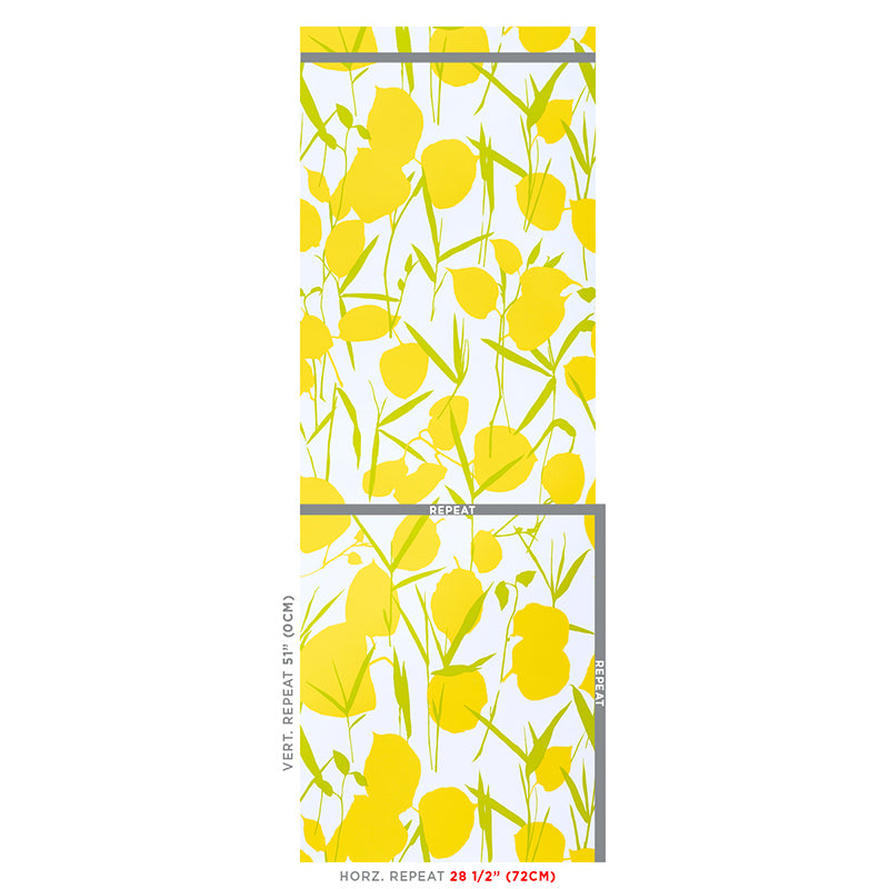 Vertical wallpaper sample with bright yellow floral motifs and green stems on white, showing repeat sections.