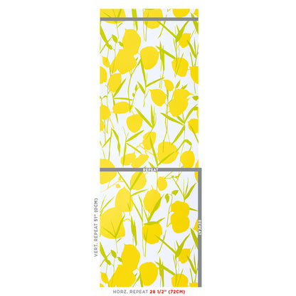 Vertical wallpaper sample with bright yellow floral motifs and green stems on white, showing repeat sections.