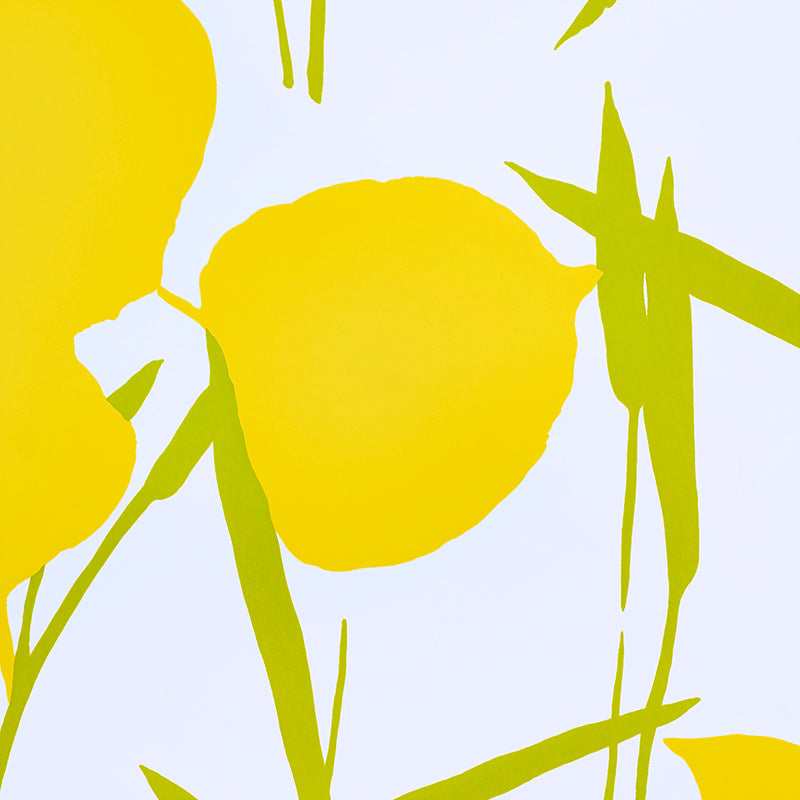 Abstract botanical composition with bold yellow flower shapes and green stems on a pale blue background.