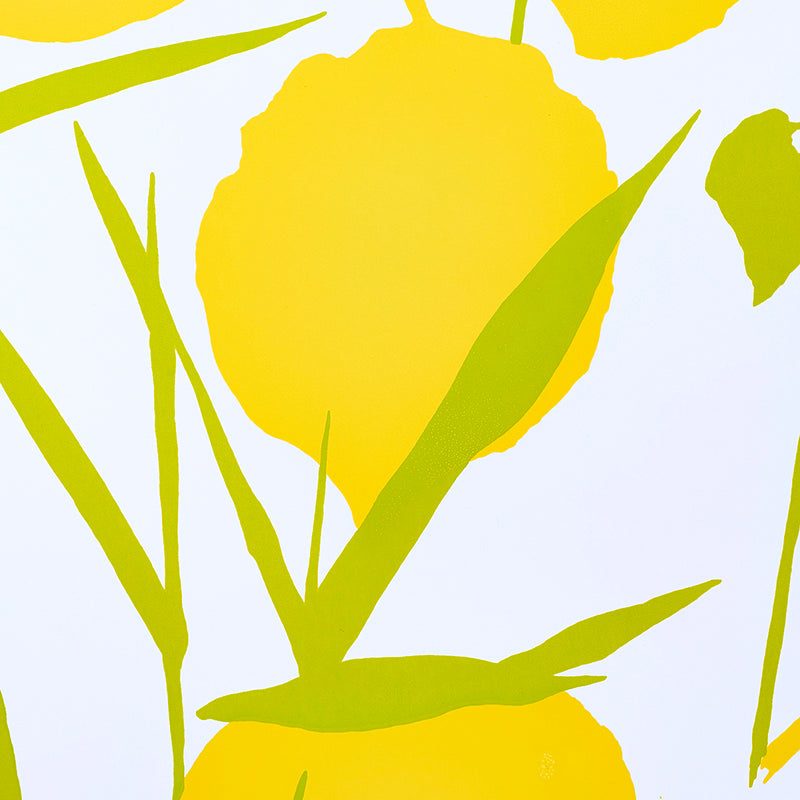 Vibrant yellow floral print with lime-green stems on pale blue background; bold, abstract garden design.