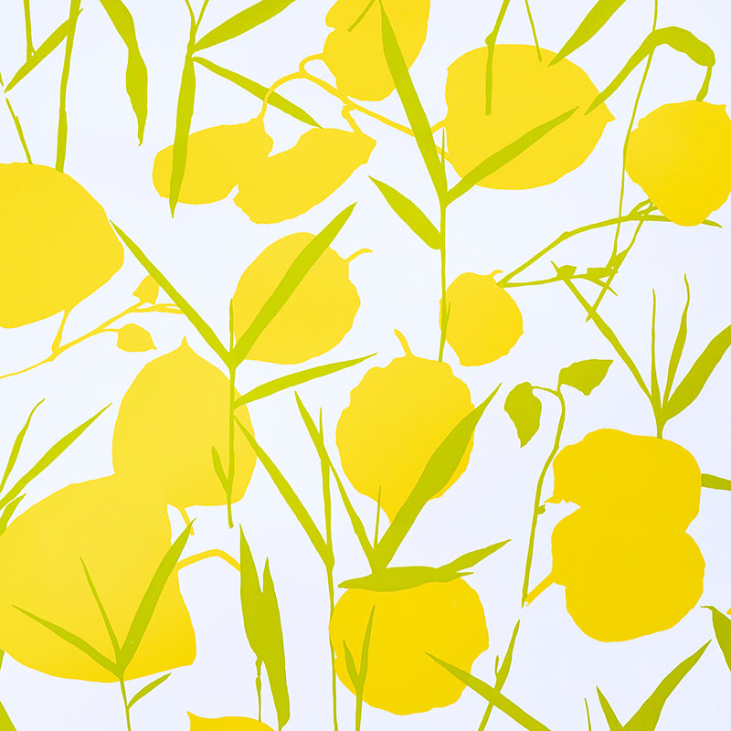Bright yellow floral print with green stems; bold botanical pattern for fabric or wallpaper.