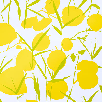 Bright yellow floral print with green stems; bold botanical pattern for fabric or wallpaper.