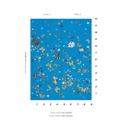 Two-panel blue wallpaper mural with dense multicolored butterflies scattered across a bright blue backdrop.