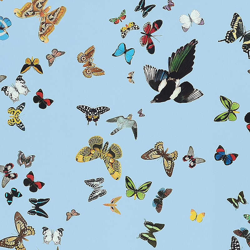 Blue backdrop full of multicolored butterflies in flight; vibrant nature-inspired pattern for fabric or wallpaper.