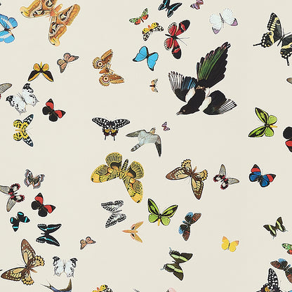 Colorful butterfly print on cream background; assorted butterflies in yellows, blues, greens and blacks.