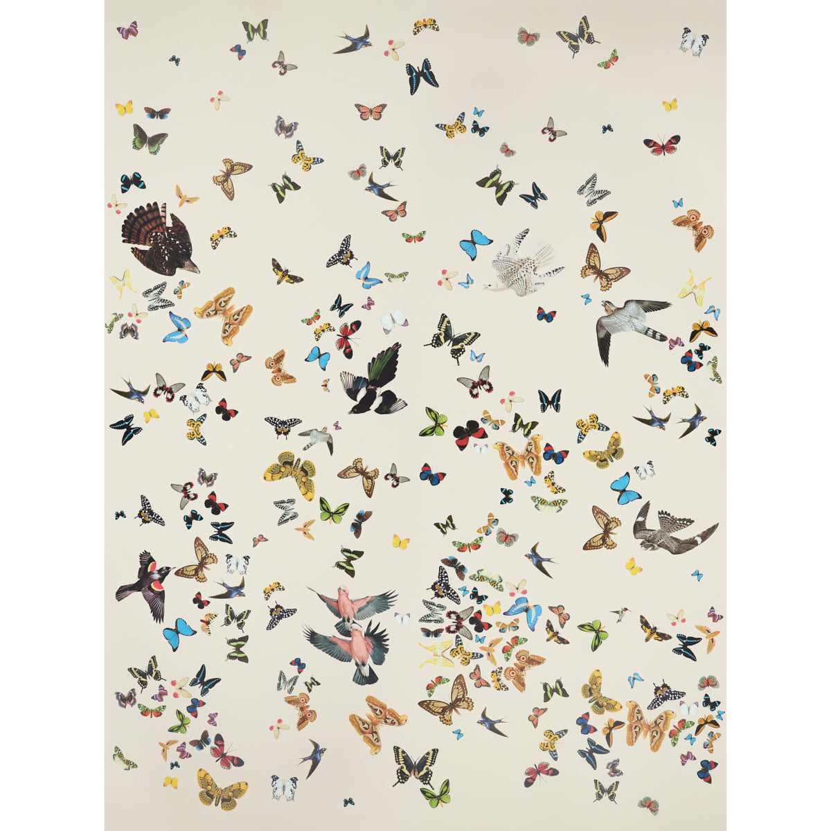 Cream backdrop with a scatter of colorful butterfly silhouettes in flight; whimsical wall decor.