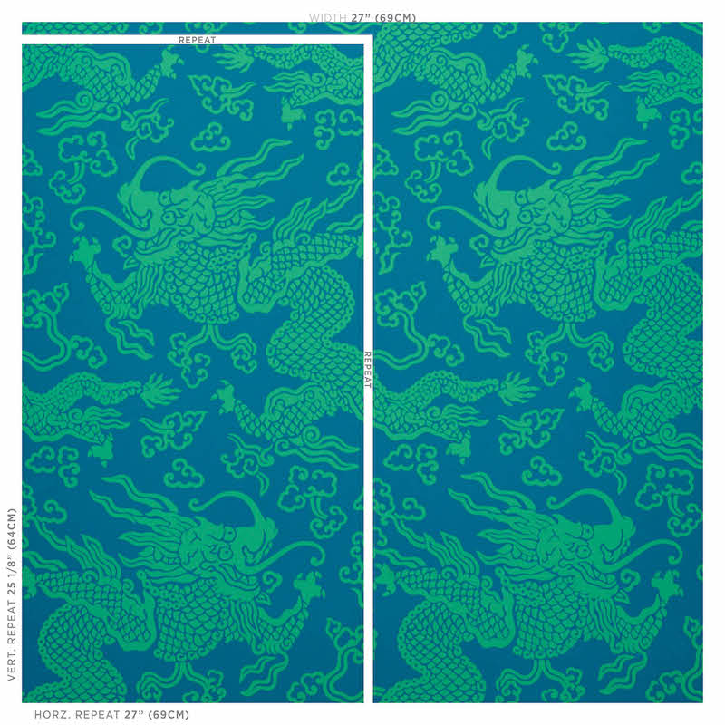 Teal fabric with lime-green dragon pattern, oriental motif; two-panel layout, decorative textile.